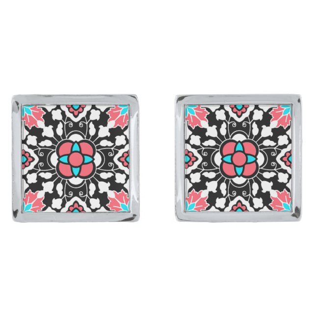 Floral Moroccan Tile, Black, White and Coral Pink Cufflinks (Front)