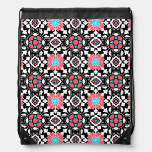 Floral Moroccan Tile, Black, White and Coral Pink Drawstring Bag