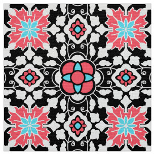 Floral Moroccan Tile, Black, White and Coral Pink Fabric