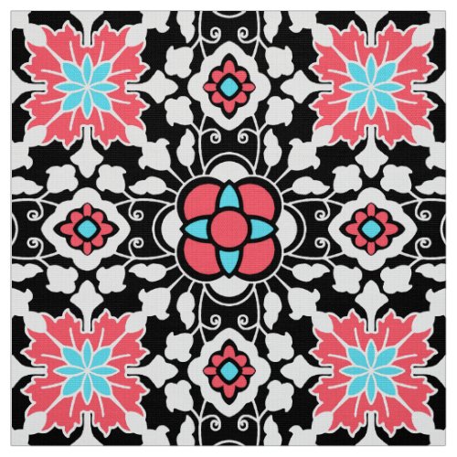 Floral Moroccan Tile Black White and Coral Pink Fabric