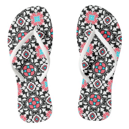 Floral Moroccan Tile Black White and Coral Pink Flip Flops