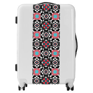 Floral Moroccan Tile, Black, White and Coral Pink Luggage
