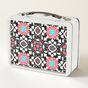 Floral Moroccan Tile, Black, White and Coral Pink Metal Lunch Box