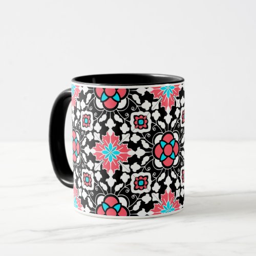 Floral Moroccan Tile Black White and Coral Pink  Mug