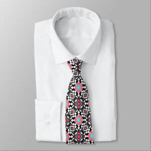 Floral Moroccan Tile, Black, White and Coral Pink Neck Tie