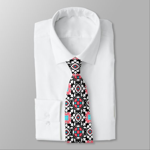 Floral Moroccan Tile Black White and Coral Pink Neck Tie