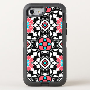 Floral Moroccan Tile, Black, White and Coral Pink OtterBox Defender iPhone SE/8/7 Case