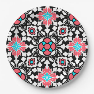 Floral Moroccan Tile, Black, White and Coral Pink Paper Plates