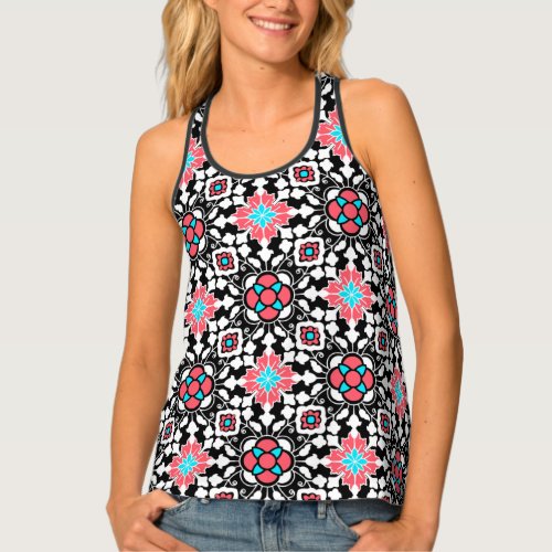 Floral Moroccan Tile Black White and Coral Pink Tank Top
