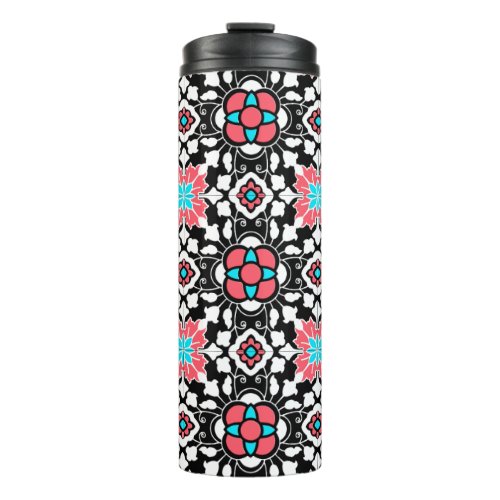 Floral Moroccan Tile Black White and Coral Pink Thermal Tumbler