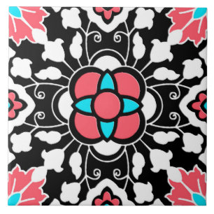 Floral Moroccan Tile, Black, White and Coral Pink Tile