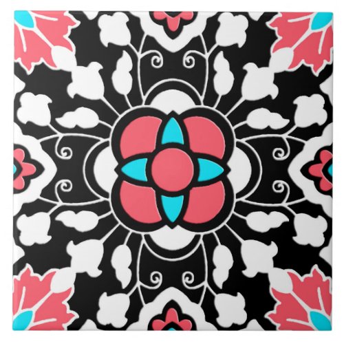 Floral Moroccan Tile Black White and Coral Pink Tile