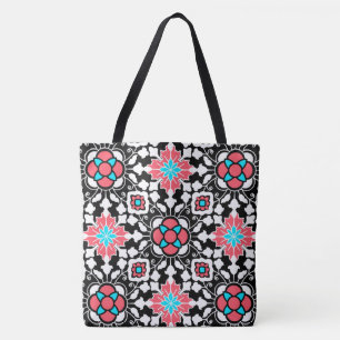 Floral Moroccan Tile, Black, White and Coral Pink Tote Bag