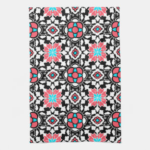Floral Moroccan Tile, Black, White and Coral Pink Towel