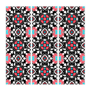 Floral Moroccan Tile, Black, White and Coral Pink Triptych