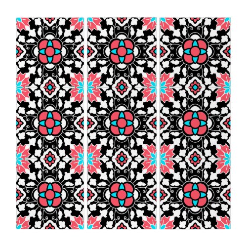 Floral Moroccan Tile Black White and Coral Pink Triptych