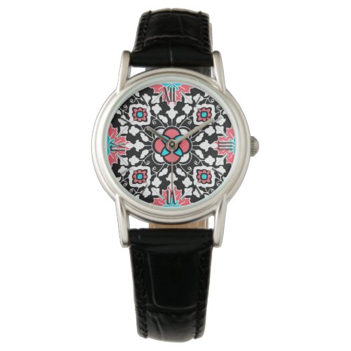 Floral Moroccan Tile Black White and Coral Pink Watch