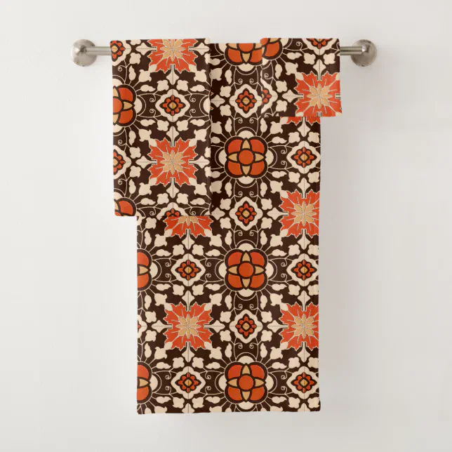 Floral Moroccan Tile, Brown, Rust and Beige Bath Towel Set | Zazzle