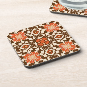 Floral Moroccan Tile, Brown, Rust and Beige  Beverage Coaster