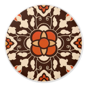 Floral Moroccan Tile, Brown, Rust and Beige Ceramic Knob