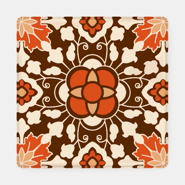 Floral Moroccan Tile, Brown, Rust and Beige  Coaster Set (Single)