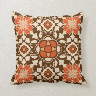 Floral Moroccan Tile, Brown, Rust and Beige Throw Pillow