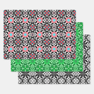 Floral Moroccan Tile, Coral Pink, Green, Black Wrapping Paper Sheets