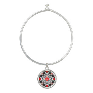 Floral Moroccan Tile, Deep Red, Black and White Bangle Bracelet