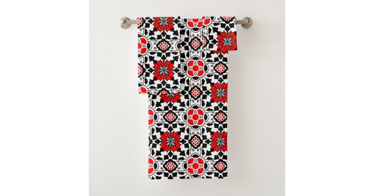 Floral Moroccan Tile, Deep Red, Black and White Bath Towel Set | Zazzle