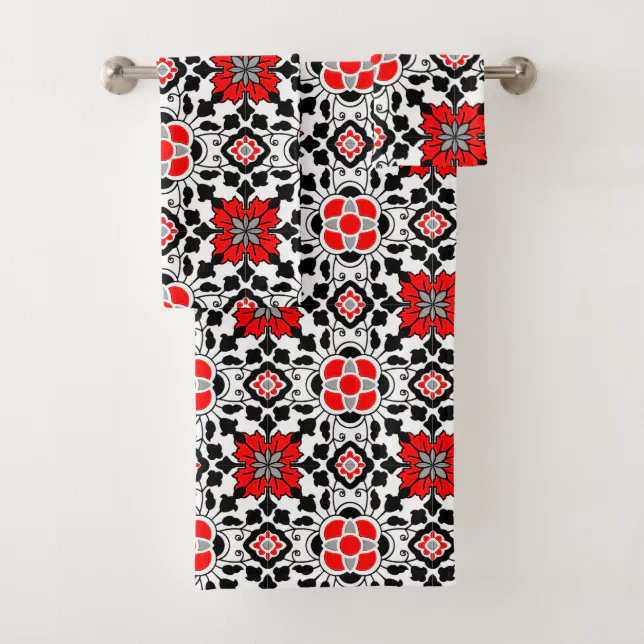 Floral Moroccan Tile, Deep Red, Black and White Bath Towel Set | Zazzle