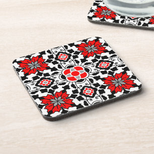 Floral Moroccan Tile, Deep Red, Black and White Beverage Coaster
