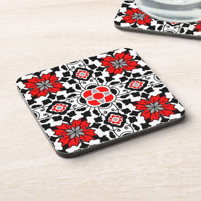 Floral Moroccan Tile, Deep Red, Black  and White Beverage Coaster (Left Side)
