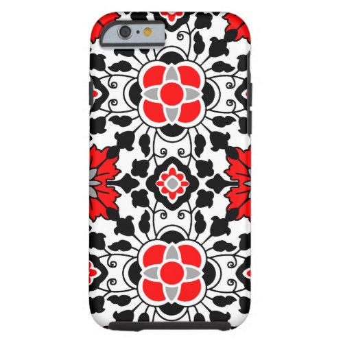 Floral Moroccan Tile Deep Red Black  and White Tough iPhone 6 Case