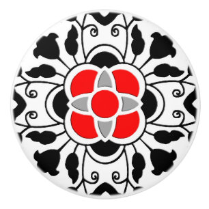 Floral Moroccan Tile, Deep Red, Black and White Ceramic Knob