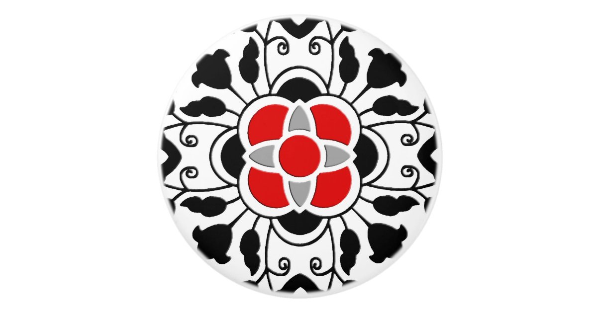 Floral Moroccan Tile, Deep Red, Black and White Ceramic Knob | Zazzle