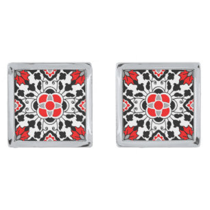 Floral Moroccan Tile, Deep Red, Black and White Cufflinks