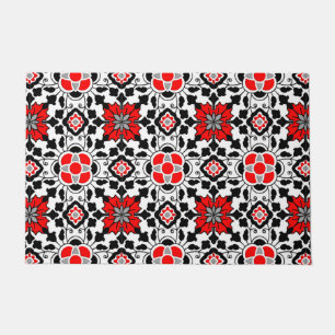 Floral Moroccan Tile, Deep Red, Black  and White Doormat