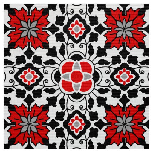 Floral Moroccan Tile, Deep Red, Black  and White Fabric