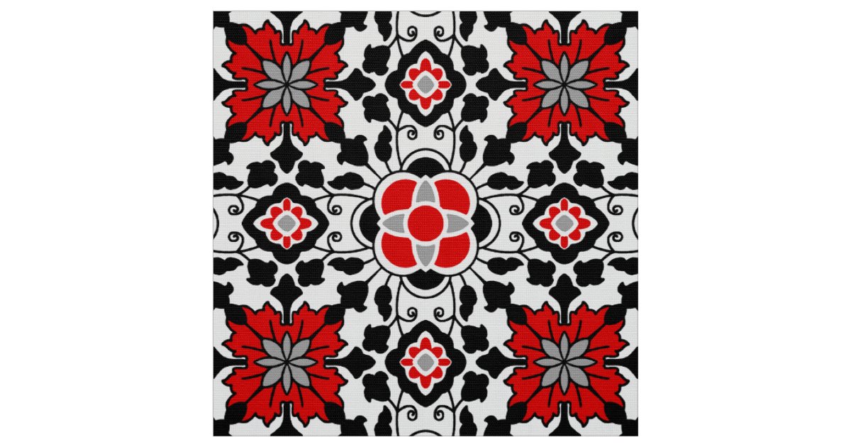 Floral Moroccan Tile, Deep Red, Black and White Fabric | Zazzle