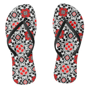 Floral Moroccan Tile, Deep Red, Black and White Flip Flops