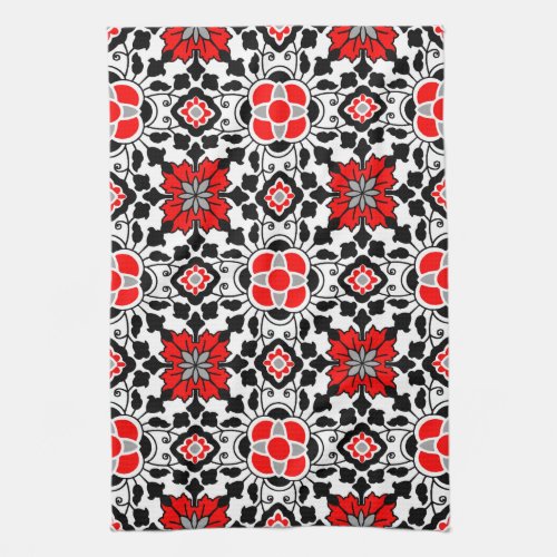 Floral Moroccan Tile Deep Red Black  and White Kitchen Towel
