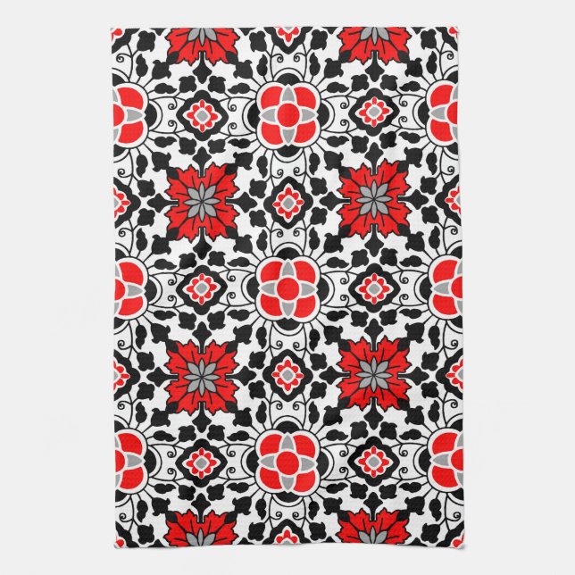 Floral Moroccan Tile, Deep Red, Black  and White Kitchen Towel (Vertical)
