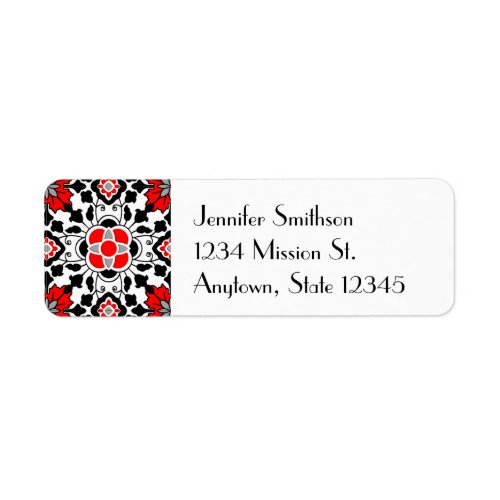 Floral Moroccan Tile Deep Red Black  and White Label