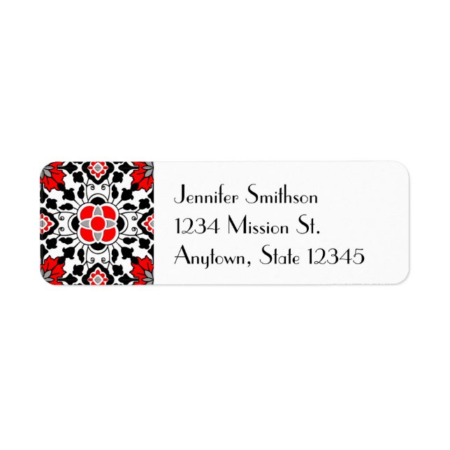 Floral Moroccan Tile, Deep Red, Black  and White Label (Front)