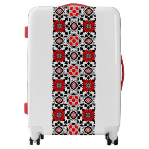 Floral Moroccan Tile, Deep Red, Black and White Luggage