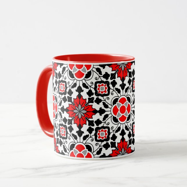 Floral Moroccan Tile, Deep Red, Black  and White M Mug (Front Left)