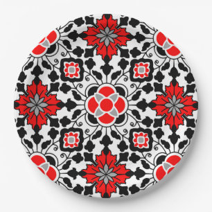 Floral Moroccan Tile, Deep Red, Black and White Paper Plates