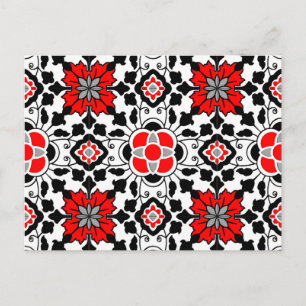 Floral Moroccan Tile, Deep Red, Black and White Postcard