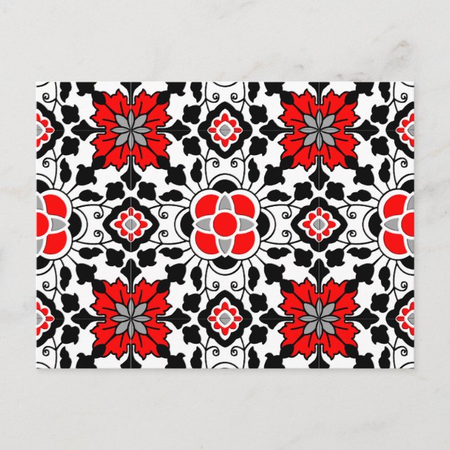 Floral Moroccan Tile, Deep Red, Black  and White Postcard (Front)