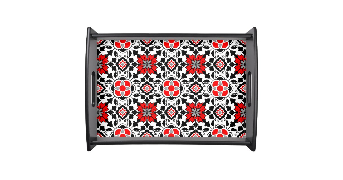 Floral Moroccan Tile, Deep Red, Black and White Serving Tray | Zazzle